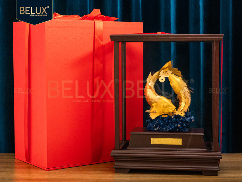 Tượng Đôi Cá Chép dát vàng 24k 28x17x36cm